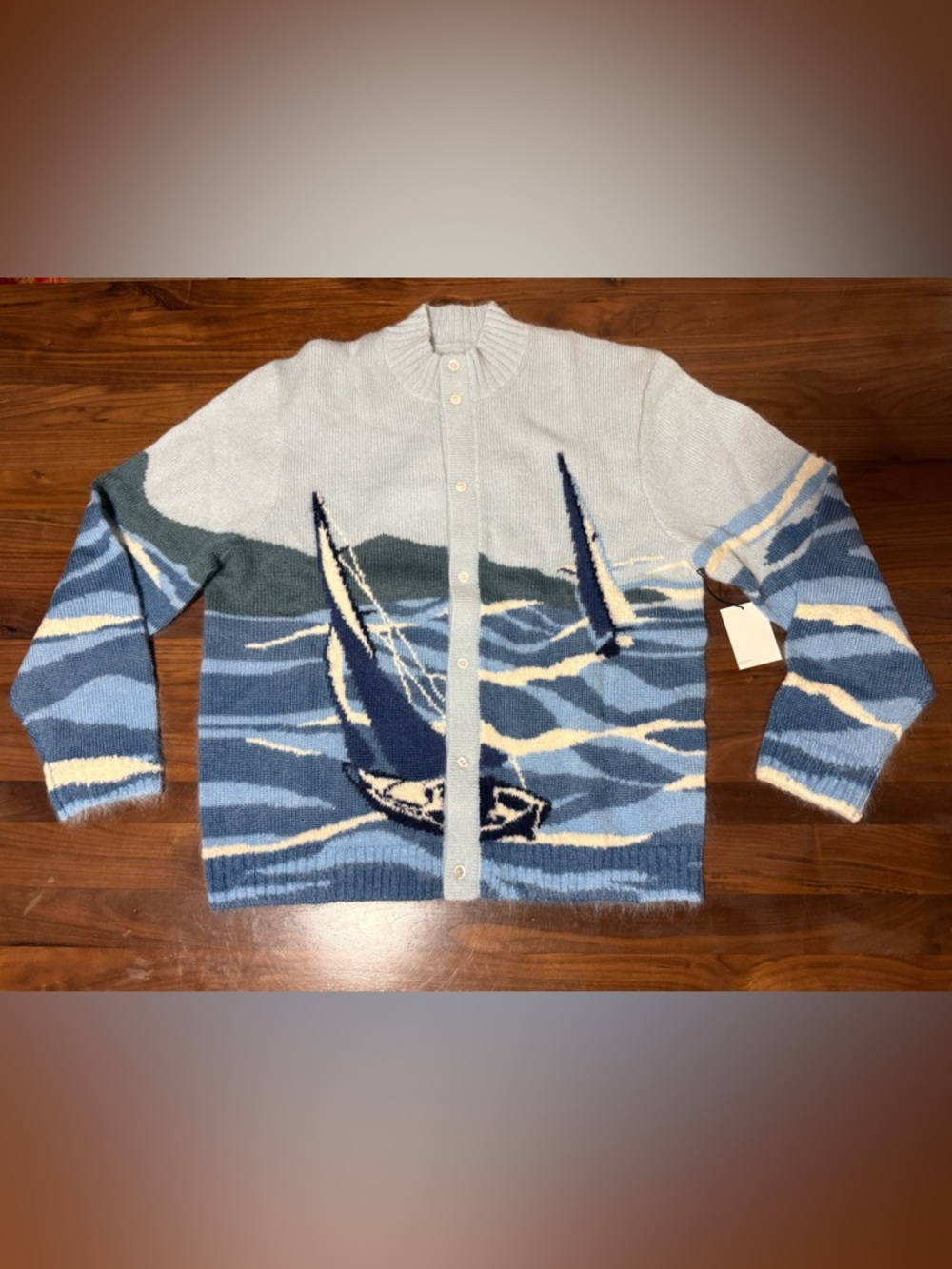 Aime Leon Dore ALD Blue Seascape Intarsia Mohair-Blend Cardigan Sweater Size XL